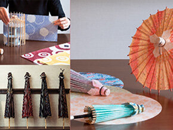 写真左上：放射線状の骨組みに和紙を貼って作る卓上照明「ミニ古都里」。写真右：好みの和紙を組み合わせて、自分だけのミニ和傘を制作します。（写真はイメージです。）