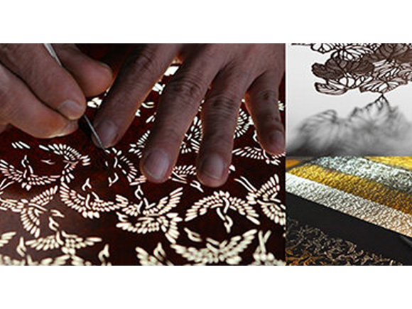 写真：着物から小物まで、染色方法や用途に合わせて数枚から数百枚の型紙を彫り抜く。