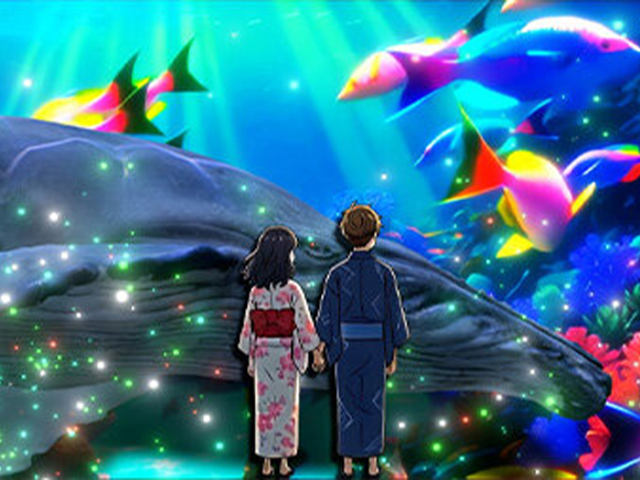 巨大水槽で大きなクジラが泳ぐシーン（イメージ）